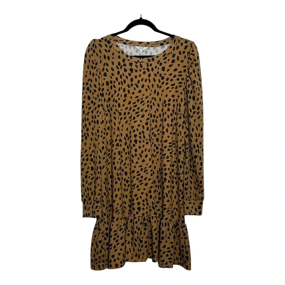 Crown &‎ Ivy Leopard Print Long Sleeve Tiered Ruffle Hem Dress Women L